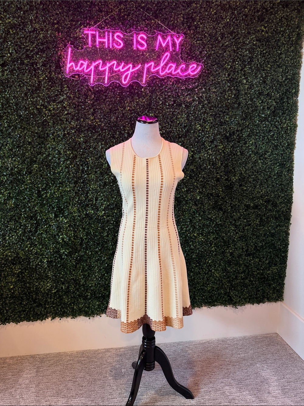 BCBGMaxAzria Cream Midi Dress with Brown Trim